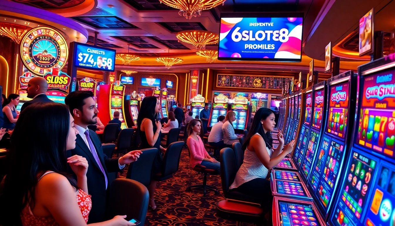 Players enjoying slot machines at 6slots8 com, highlighting vibrant casino excitement.