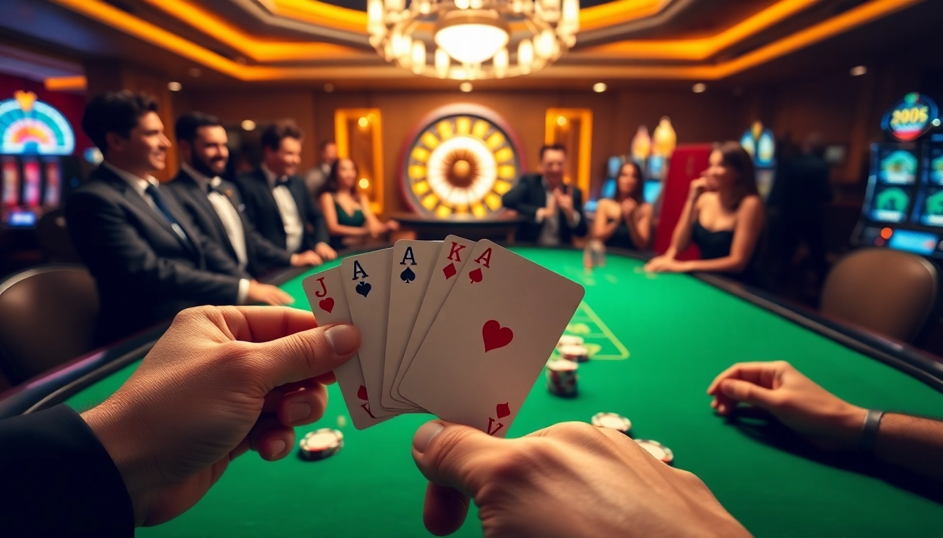 Tangan poker yang menang di kasino datukwin, suasana yang hidup dengan meja kasino dan chip.