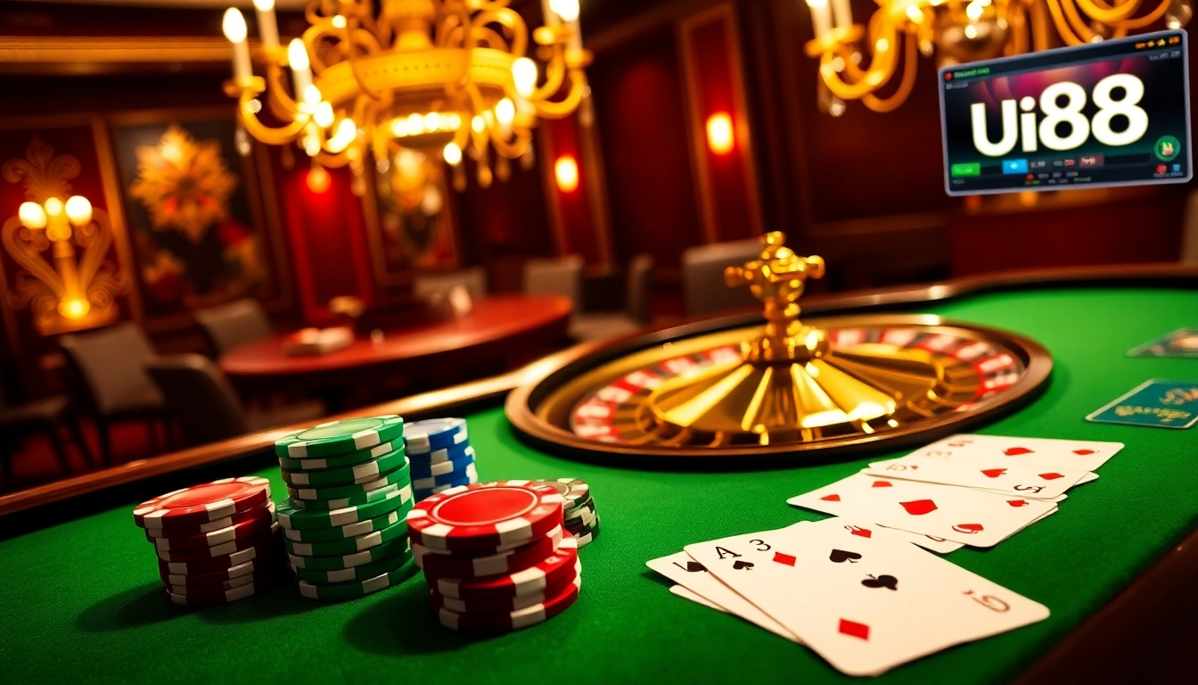 Engaging players at a luxurious table with diverse chips and cards in the thrilling uu88 game experience.