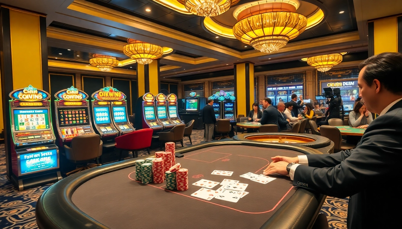 Experience the thrill of okwin vip at an elegant casino setting with poker tables and lively gaming.