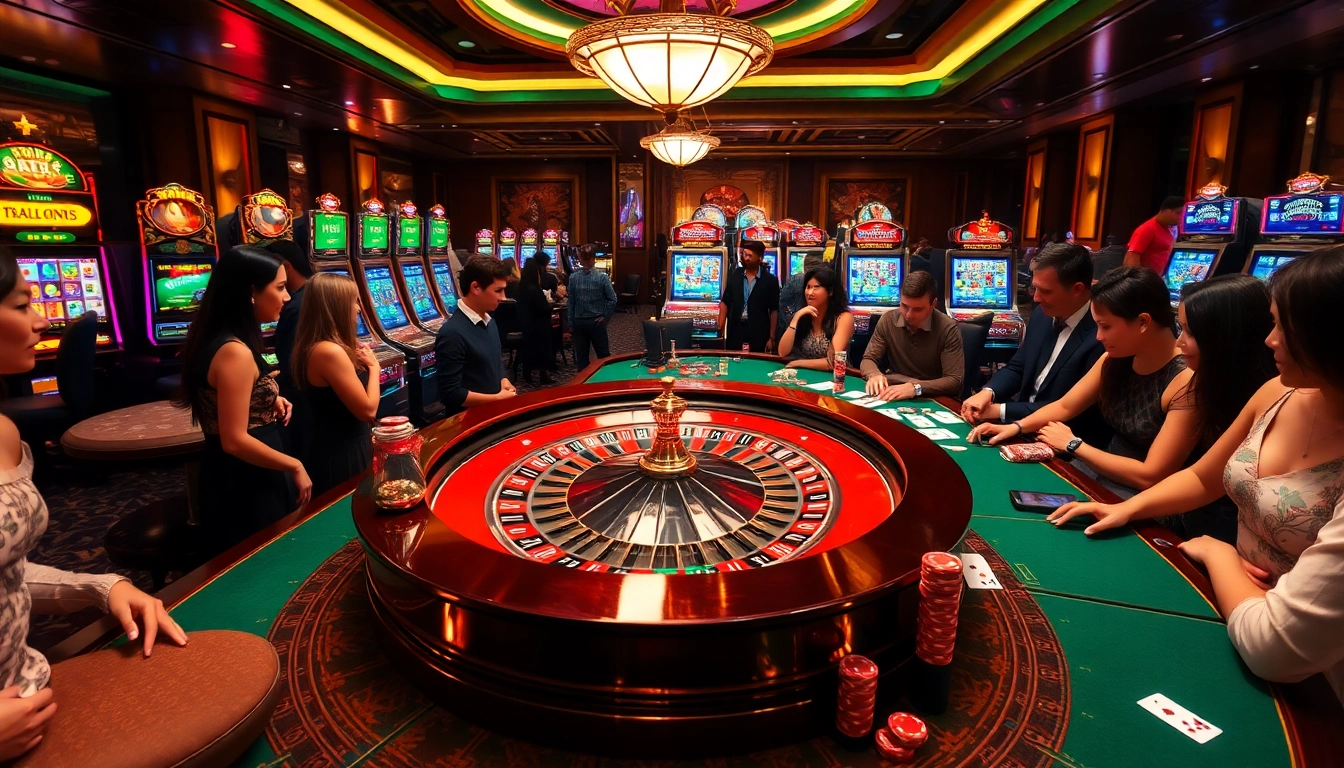 Players enjoying a thrilling game at 789club 789club88.org casino table surrounded by vibrant gambling elements.