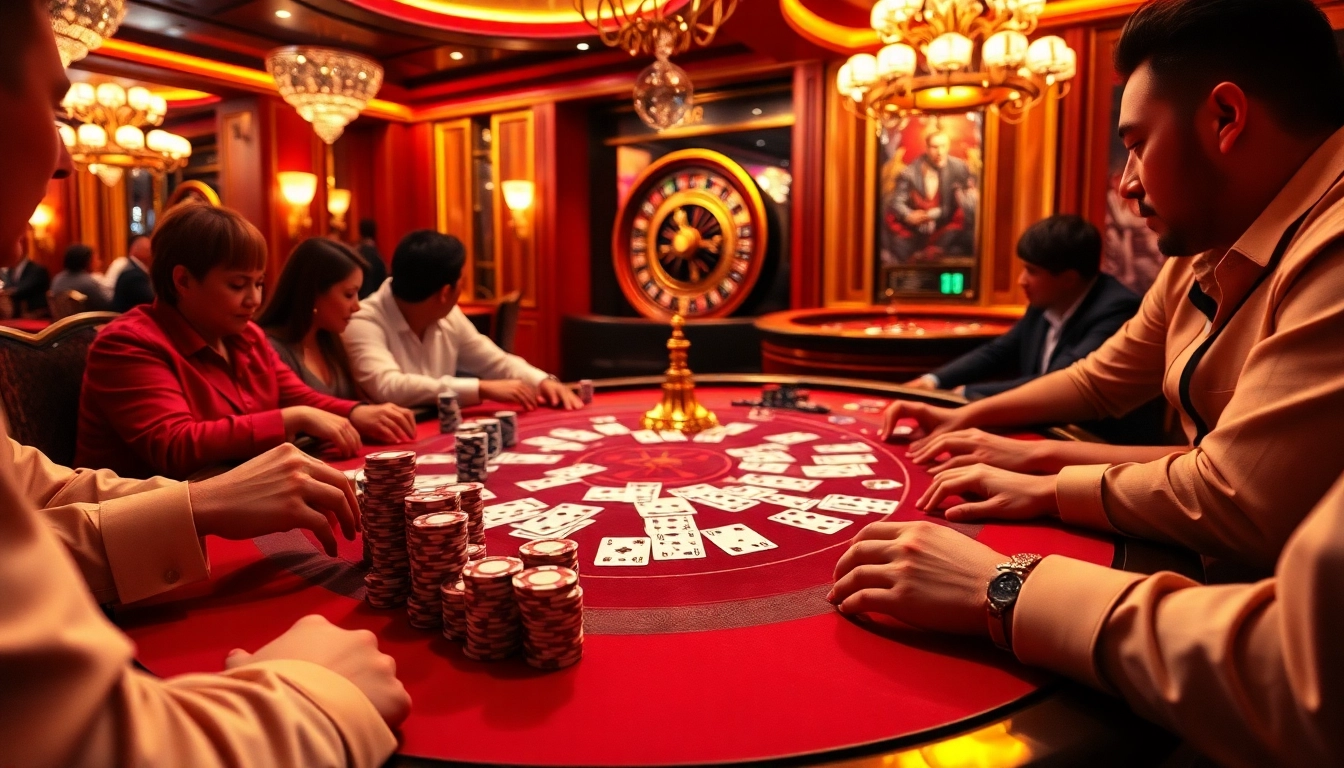 Players enjoying thrilling poker action at a casino table, nh88 excitement abounds.