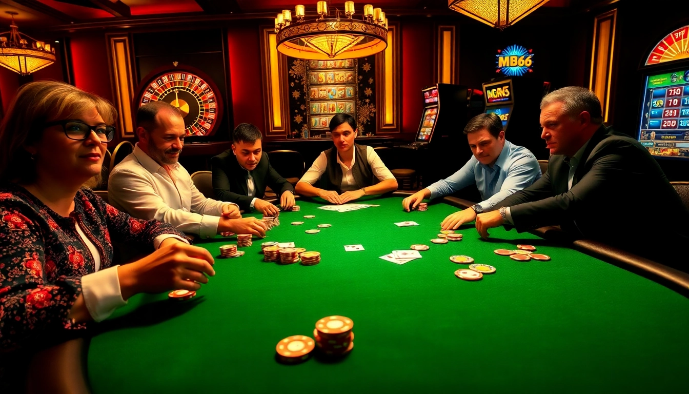 MB66 high-stakes poker table with excited players and colorful chips in a luxurious casino atmosphere
