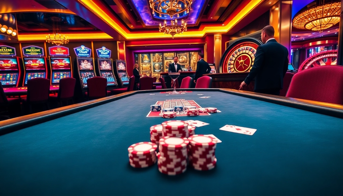 M88 casino experience featuring a luxurious poker table, vibrant slot machines, and a roulette wheel in an upscale environment.