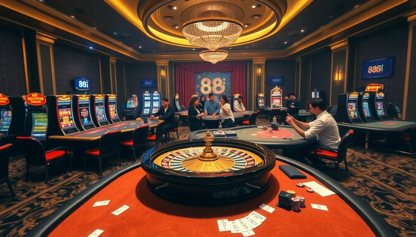 Experience the excitement of 88i with dynamic casino gaming visuals featuring poker tables and slot machines.