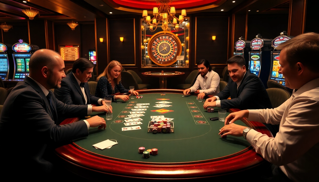 Players enjoying a thrilling poker game at a luxurious casino, embodying the excitement of home jl55.