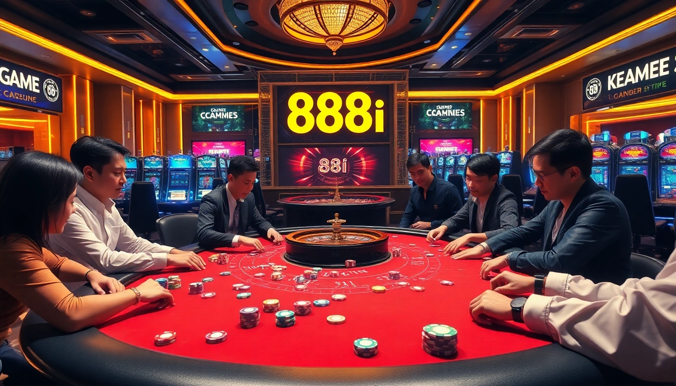 Engaging players at a poker table in a vibrant casino scene, highlighting 88i gaming excitement.