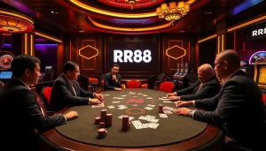 Engage with the excitement of RR88 at a luxurious casino poker table, filled with vibrant chips and cards.