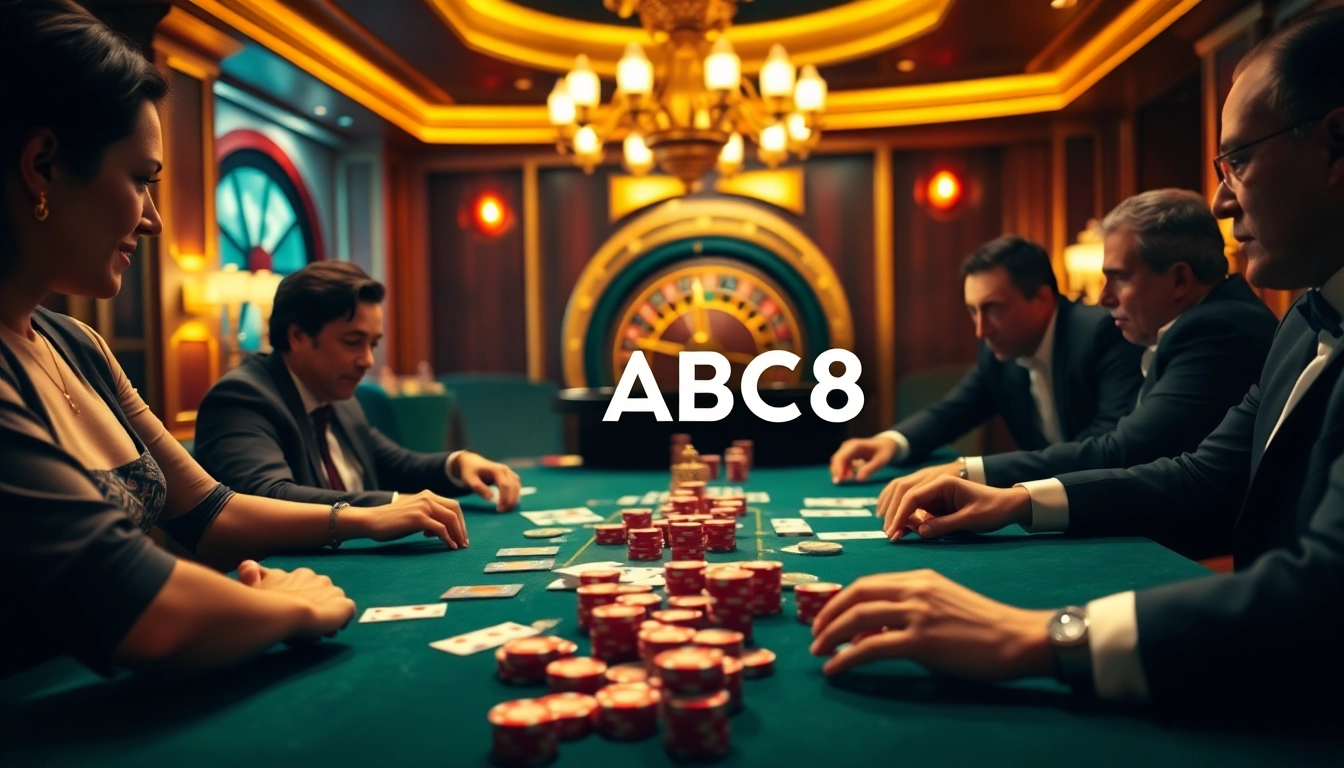 Engaging players at ABC8 enjoy strategic poker action in a luxurious casino setting.