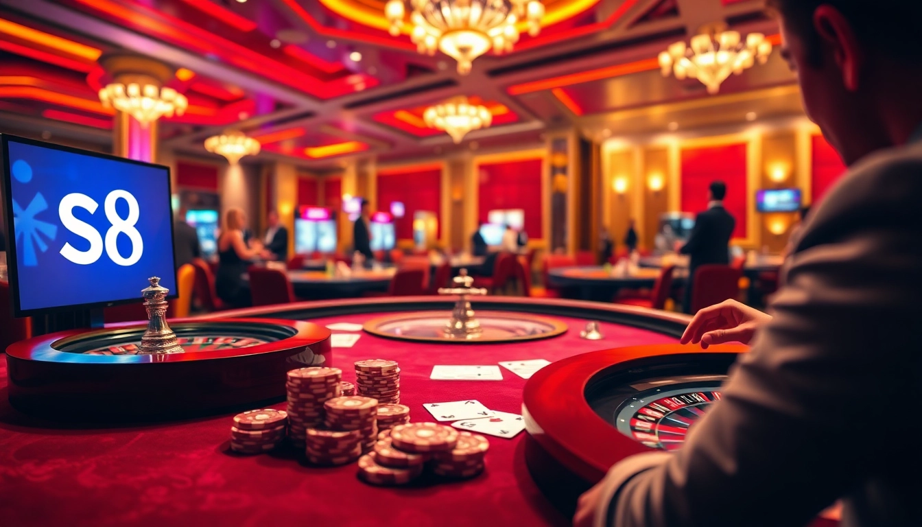 S8 casino players engaging at a vibrant poker table with chips and cards.