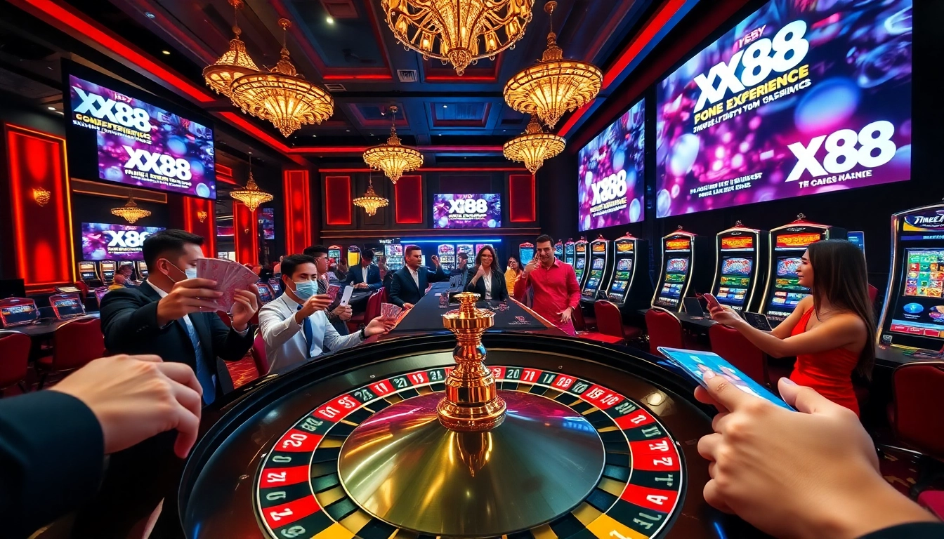 X88 gaming enthusiasts at a luxurious roulette table, experiencing thrilling casino action.