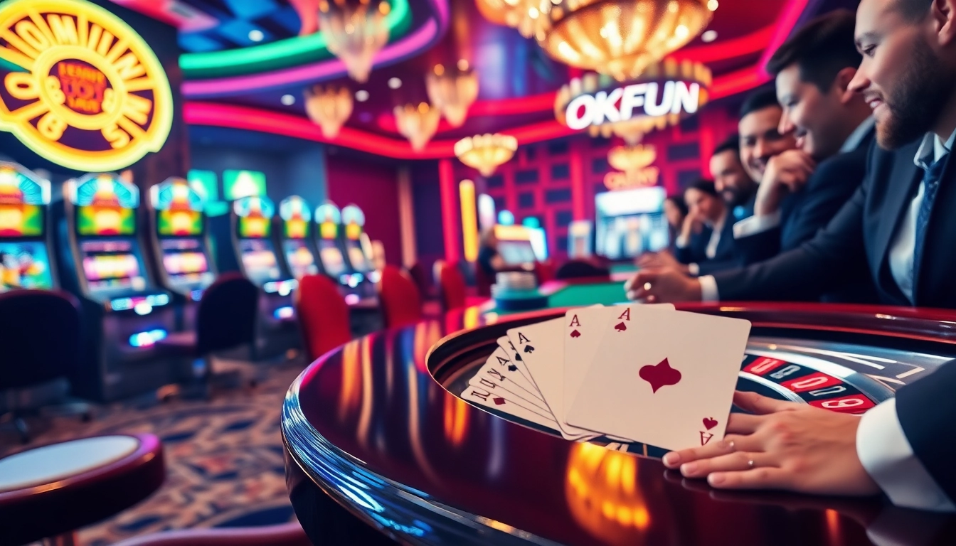 Exciting casino scene featuring vibrant gaming tables, slot machines, and poker chips highlighting OKFUN.
