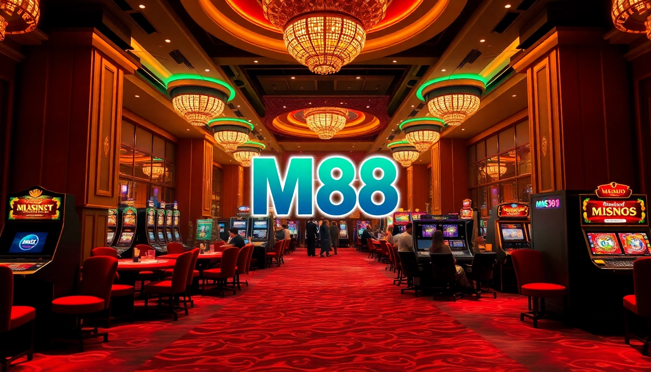 M88 logo centerpiece in a luxurious casino with vibrant tables and slot machines