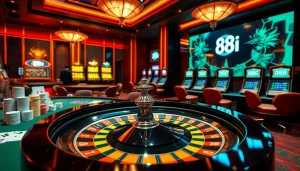 A lively casino scene showcasing excitement with roulette, 88i logo, and engaged players