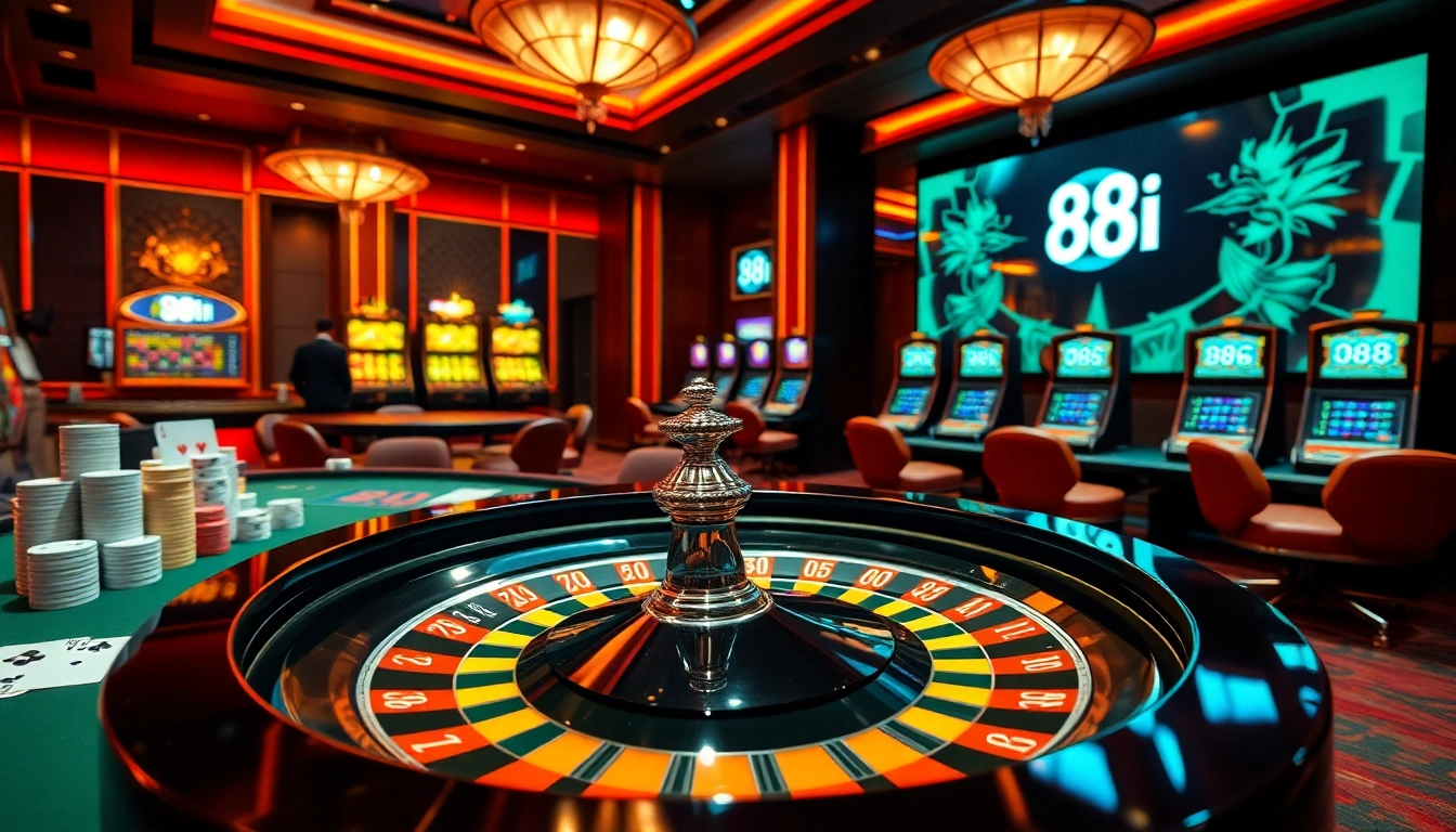 A lively casino scene showcasing excitement with roulette, 88i logo, and engaged players