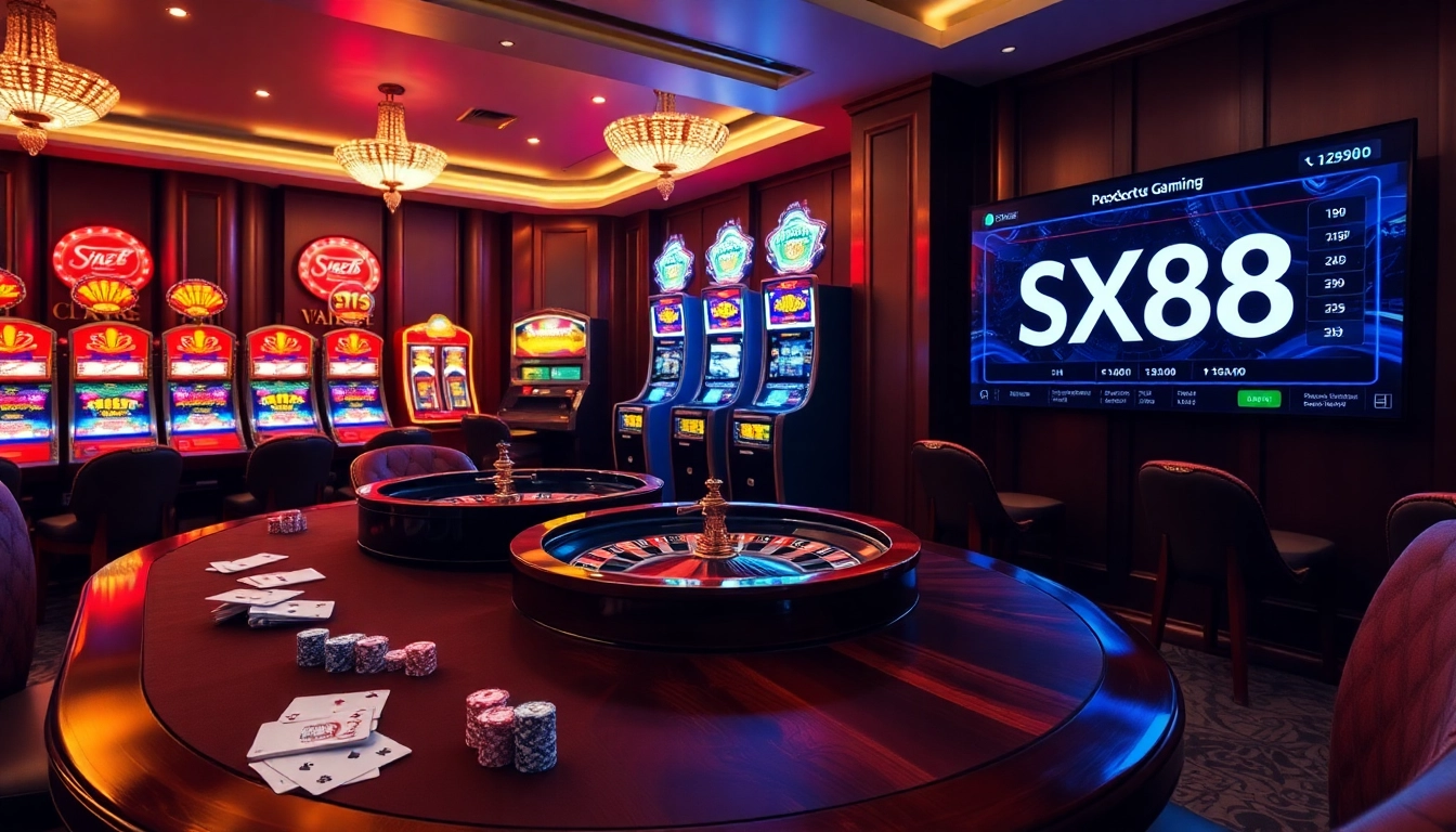 SX88 showcases an elegant casino scene with poker chips and a roulette wheel.