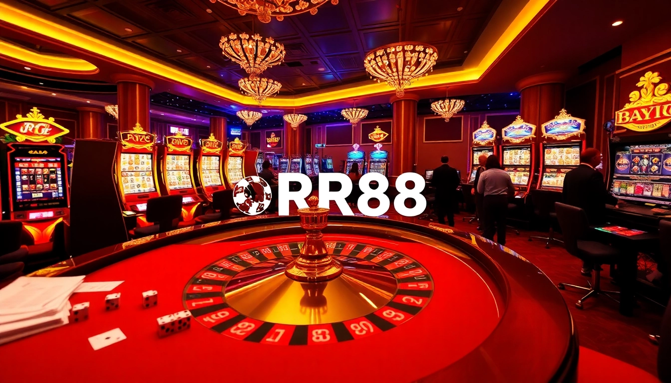 Exciting gameplay experience at RR88 with players at a roulette table and vibrant slot machines.