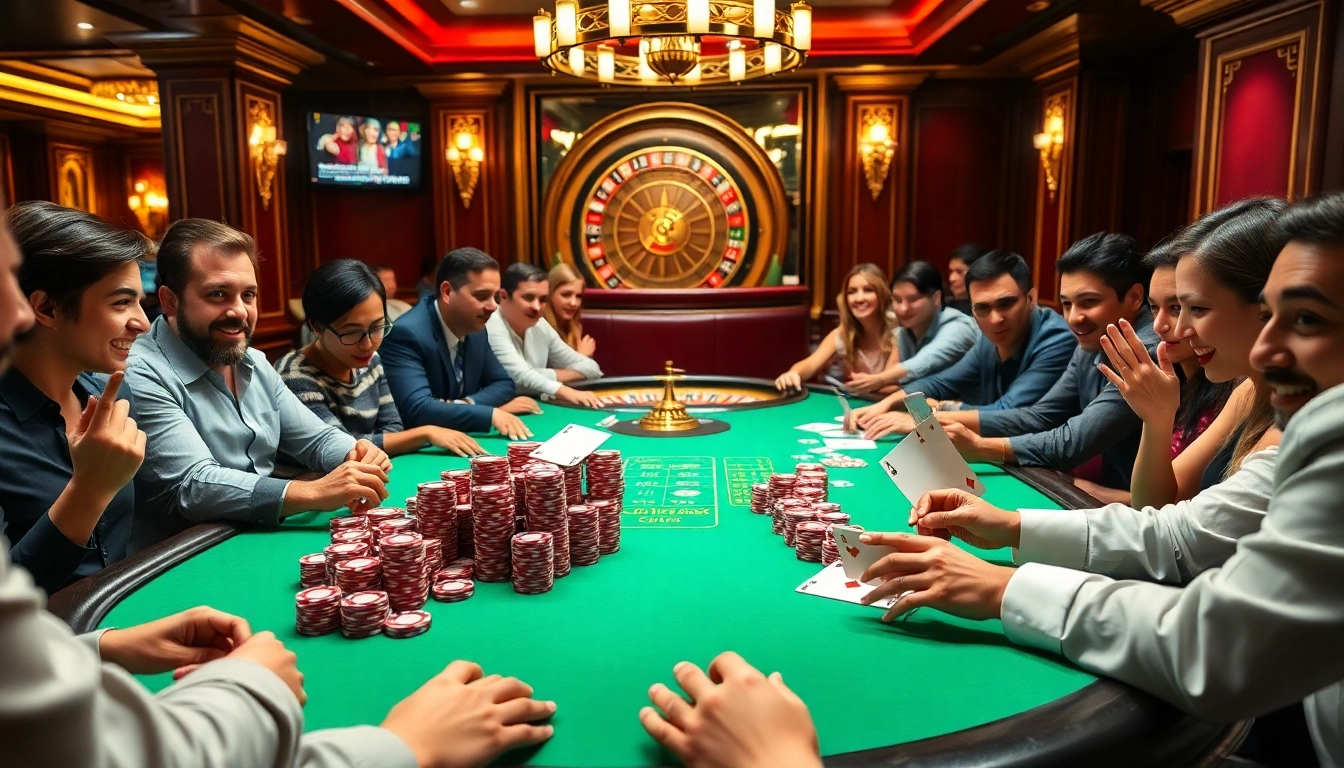 Players engaging in a high-stakes poker game at a vibrant casino, inspired by https://kuwinblog.com/.