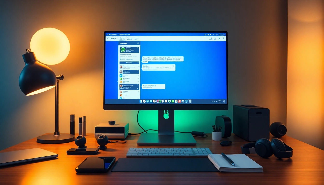 工作区电脑上的 WhatsApp Web 界面，展示快连VPN提升安全消息传输。