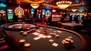 Gamblers engaging with KK55.blue at a vibrant casino filled with poker tables and slot machines.