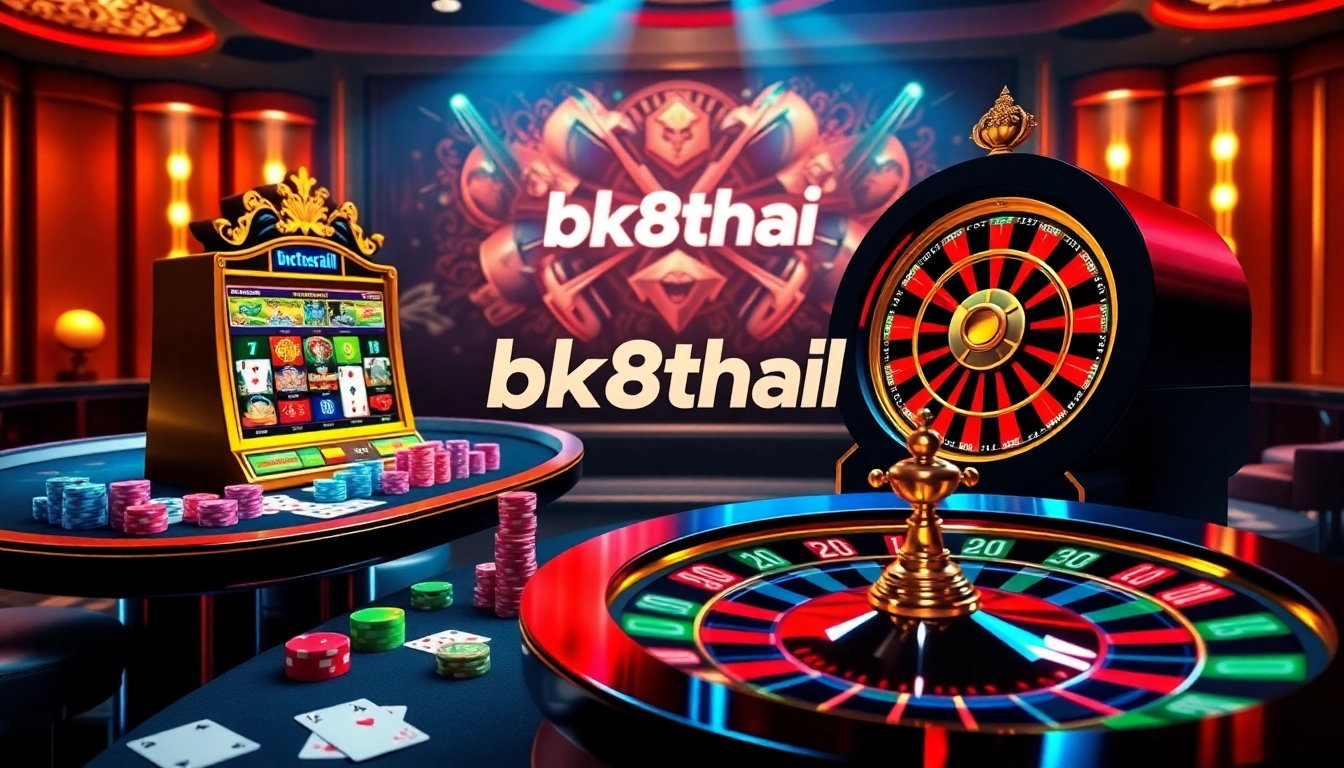 A dynamic online gambling scene featuring bk8thai with casino tables, poker chips, and a roulette wheel.