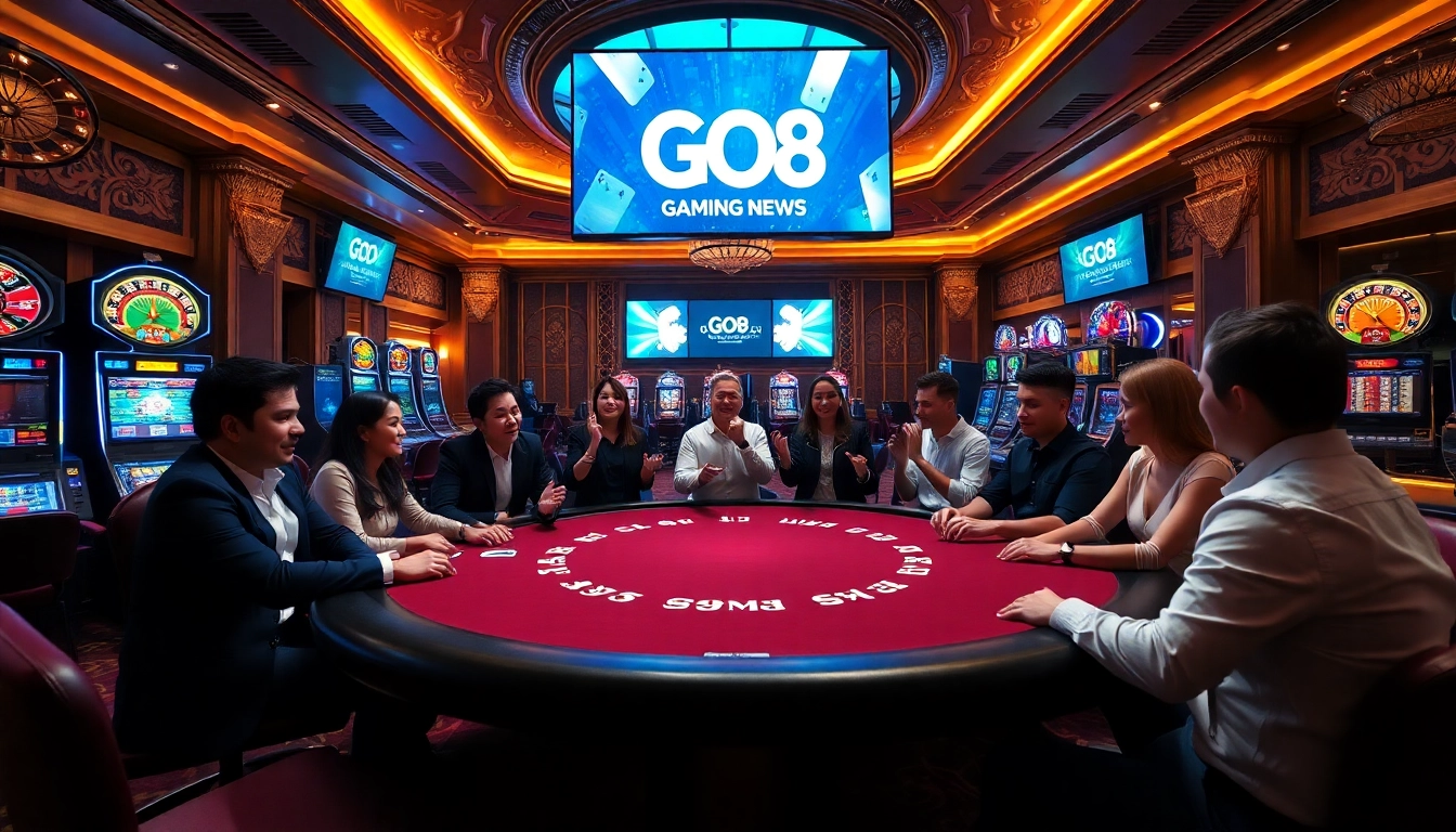 Join the excitement at a GO8 casino featuring a luxurious poker table and vibrant gaming atmosphere.