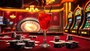 Enjoying a cocktail b52 among poker chips at a luxurious casino table.