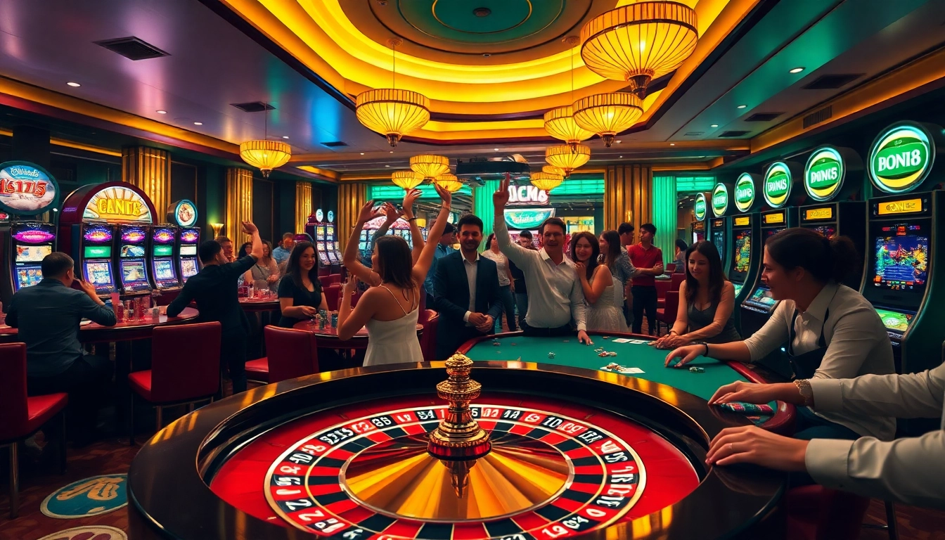 Experience the excitement of luck8 with vibrant casino games and players celebrating wins.