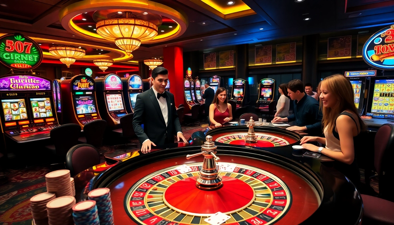 Exciting gambling action at 789win casino with roulette table and slot machines.