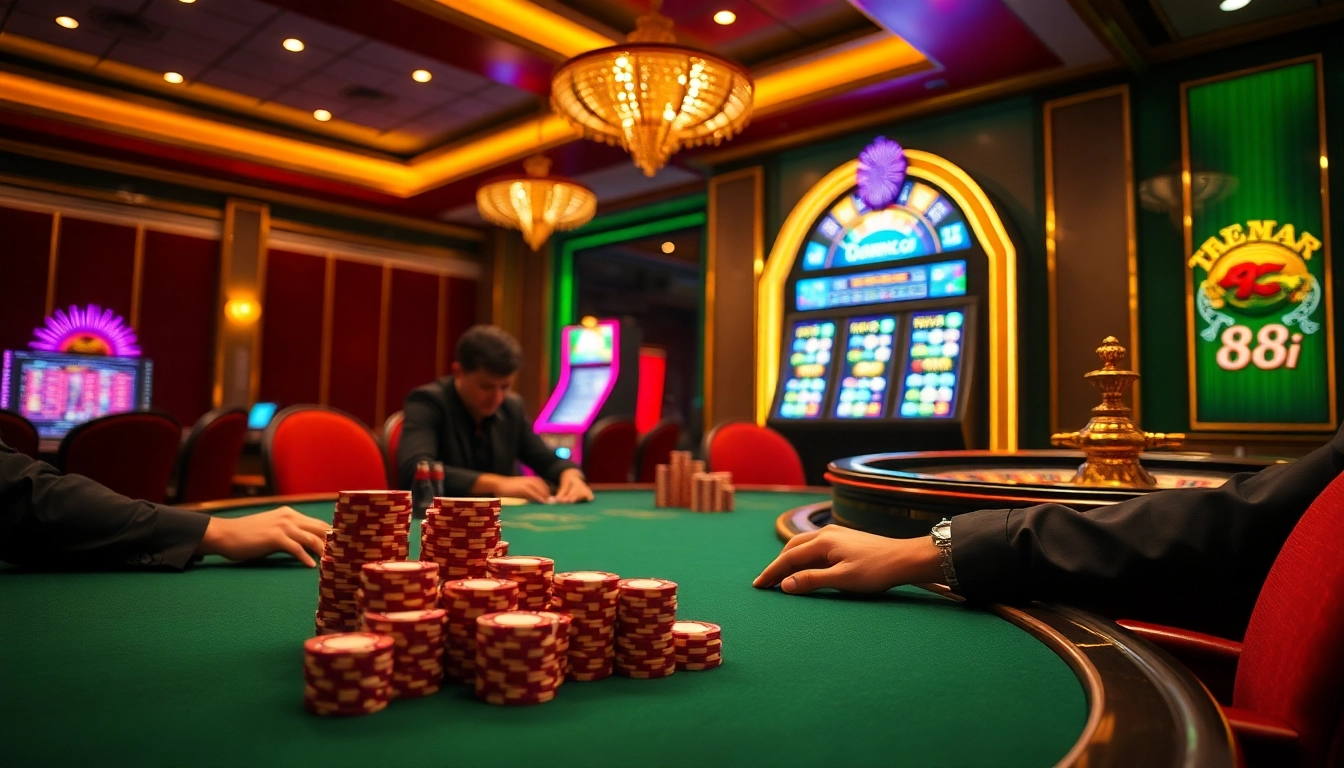 Players enjoying high-stakes poker at 88i's luxurious casino.