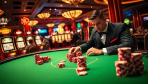Experience thrilling gameplay with BOMWIN at an exciting casino card table featuring poker chips and cards.