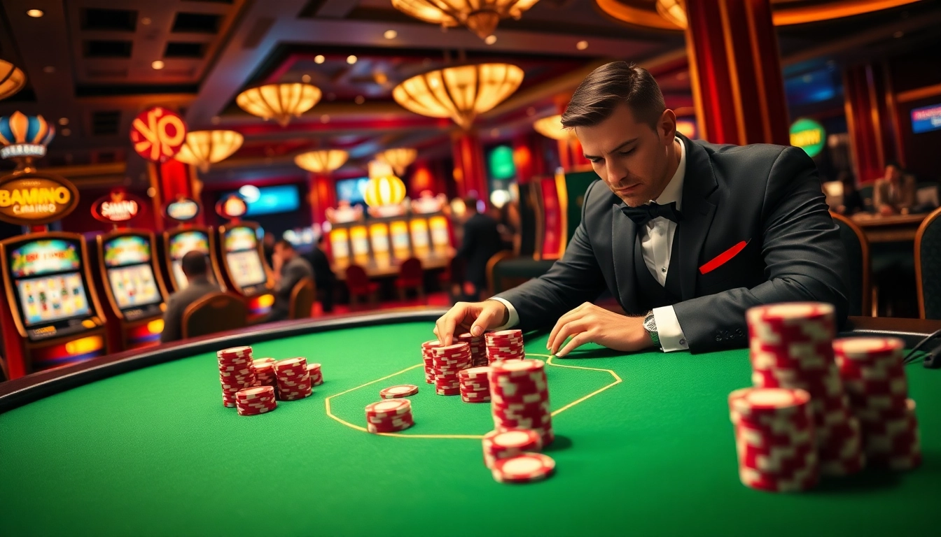 Experience thrilling gameplay with BOMWIN at an exciting casino card table featuring poker chips and cards.