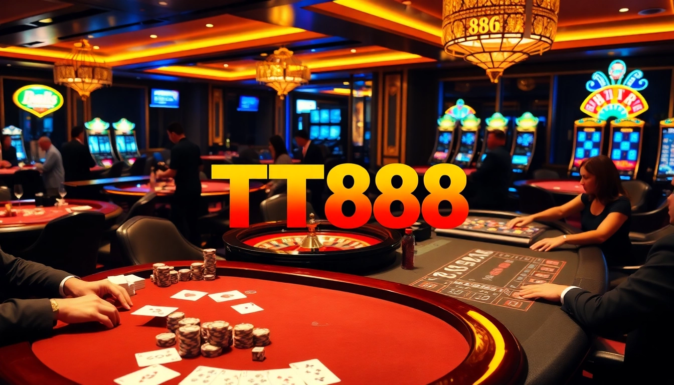 Experience the excitement of gambling at TT88 with vibrant casino tables and enthusiastic players.