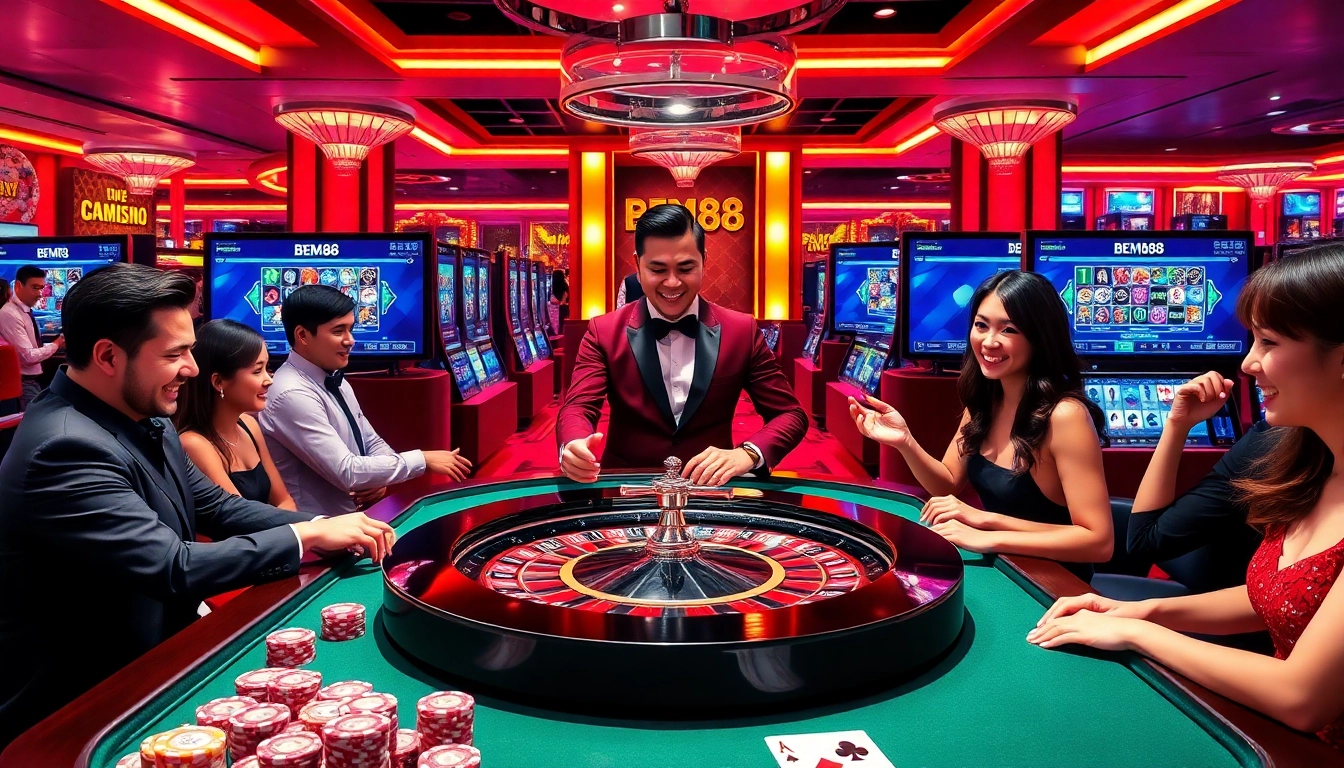 Bem88 brings live-action excitement with players enjoying roulette and poker in a luxurious online casino setting.
