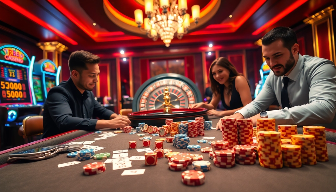 Engaged players enjoying high-stakes gaming at TR88 COM casino, showcasing cards and dice.