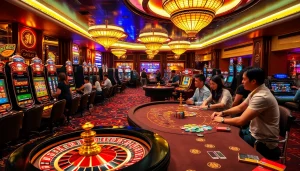 Situs apiraja88 players enjoying high-stakes gaming at a luxurious casino filled with vibrant slot machines.