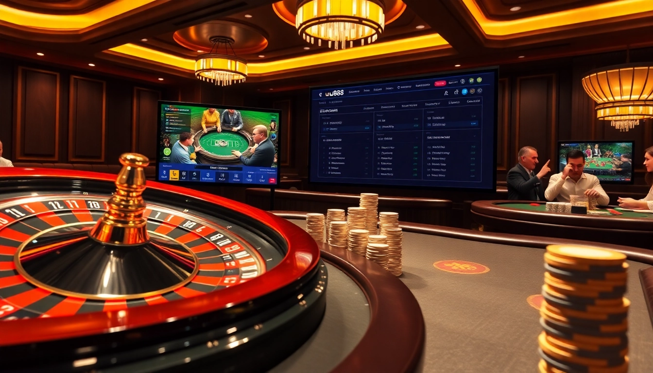 Players enjoying a thrilling game at uu88 casino with vibrant roulette and poker tables.