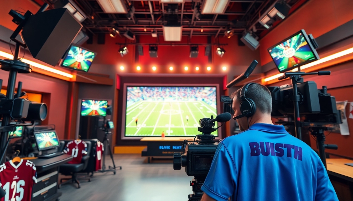Engaging sports broadcasting scene showcasing live coverage and high-tech setup.