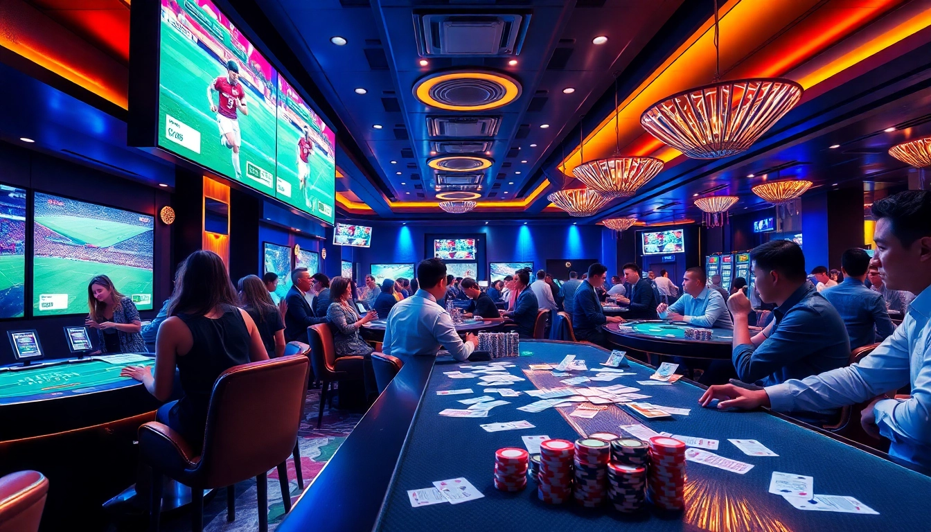 Enthusiasts engaged in sports betting while understanding แทงบอลยังไง, surrounded by large screens showing matches.
