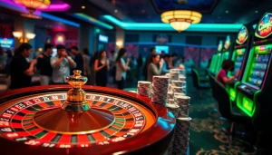 Exciting scene of online gambling at bl555 featuring poker chips and a roulette wheel.