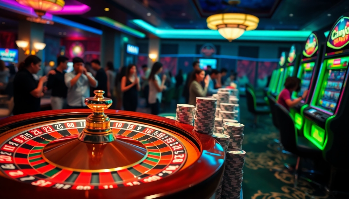 Exciting scene of online gambling at bl555 featuring poker chips and a roulette wheel.