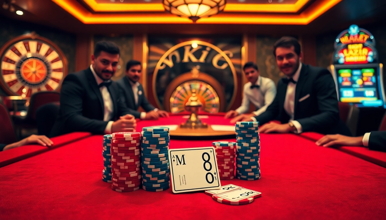 Players enjoying a high-stakes game at MK8's luxurious casino with vibrant poker chips and cards.