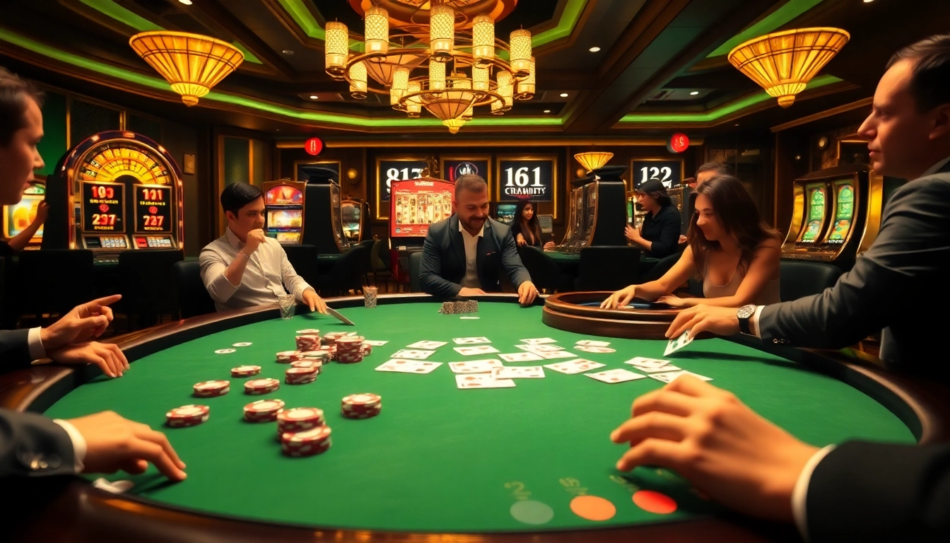 שחקנים מהמרים על שולחן פוקר קזינו יוקרתי, המצויד בצ'יפים של Stake ובמשחקים צבעוניים.