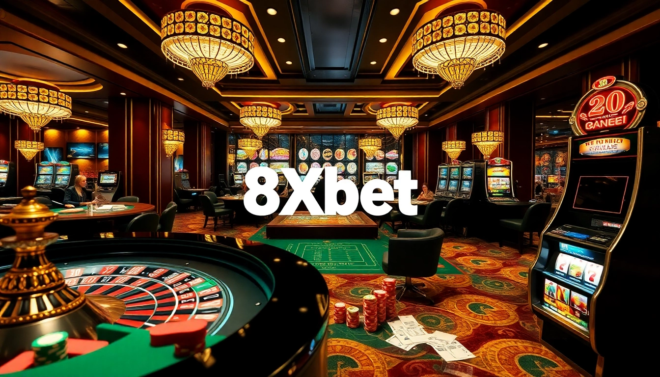 Experience thrilling gameplay at 8Xbet's luxurious casino with roulette wheels and poker tables.