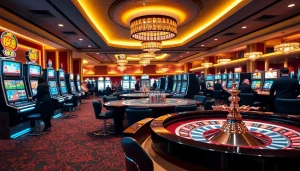 Players enjoying bk8 สล็อต in a luxurious casino setting with vibrant slot machines.