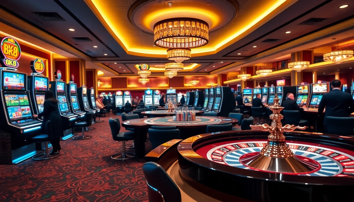 Players enjoying bk8 สล็อต in a luxurious casino setting with vibrant slot machines.