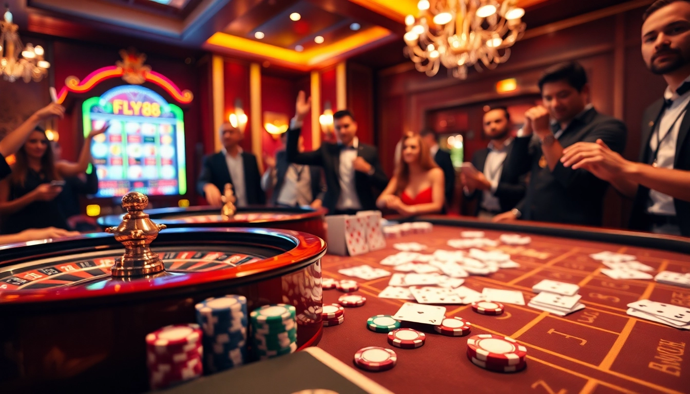FLY88 players enjoying roulette and poker in an upscale casino environment.