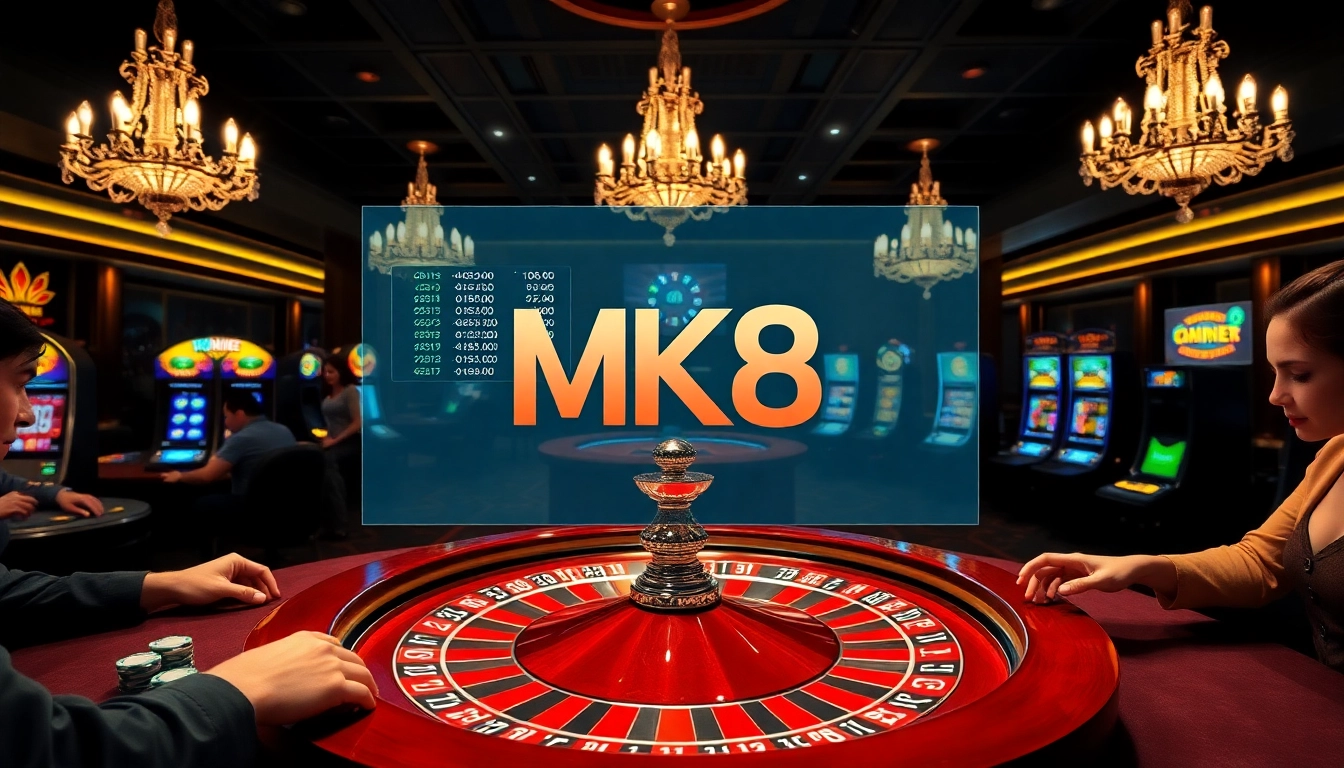 Players engaging at a lively casino table with the MK8 logo visible in the scene's decor.