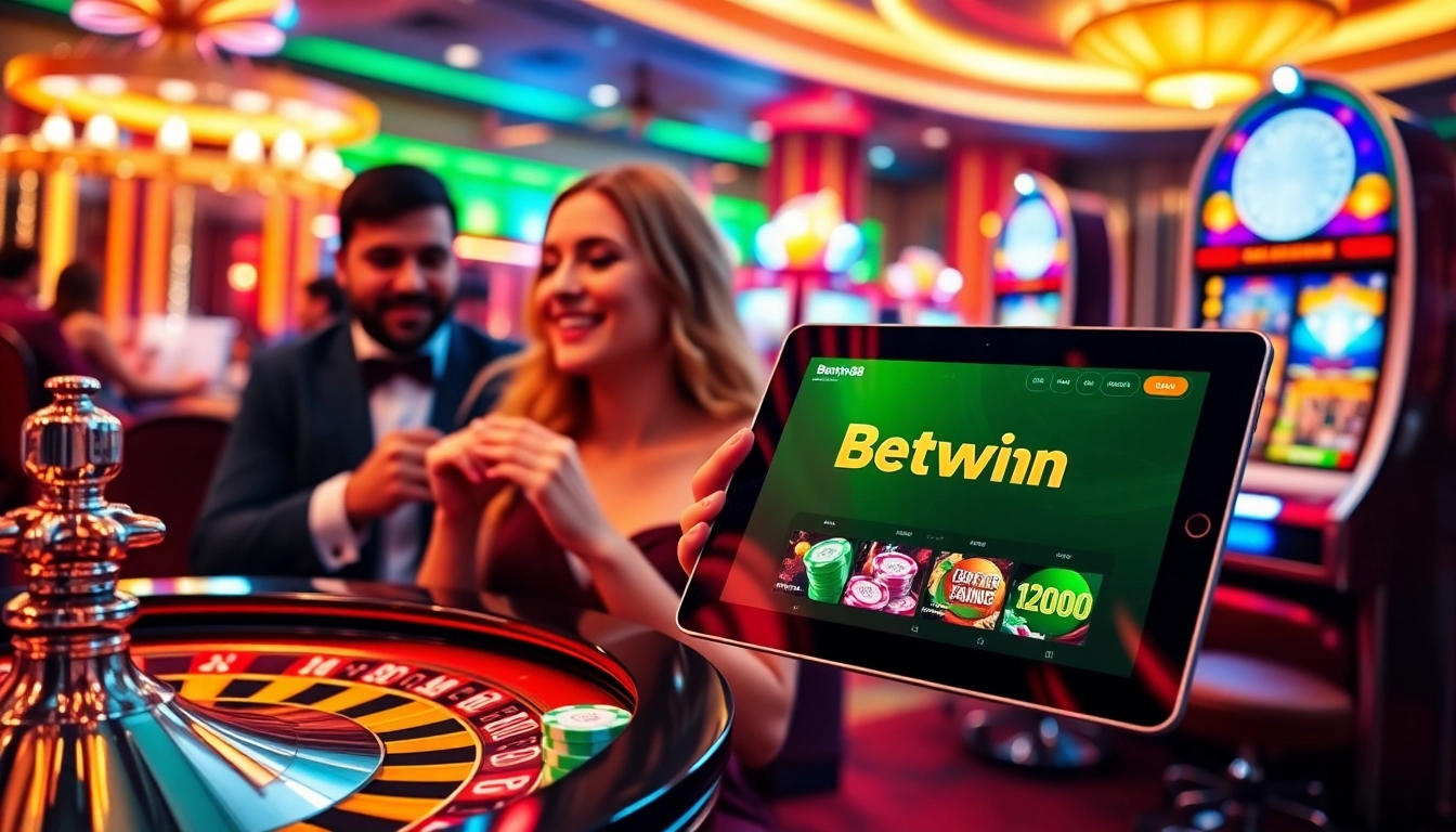 Betwin88 online gaming experience with a luxurious casino atmosphere featuring roulette and slot machines.