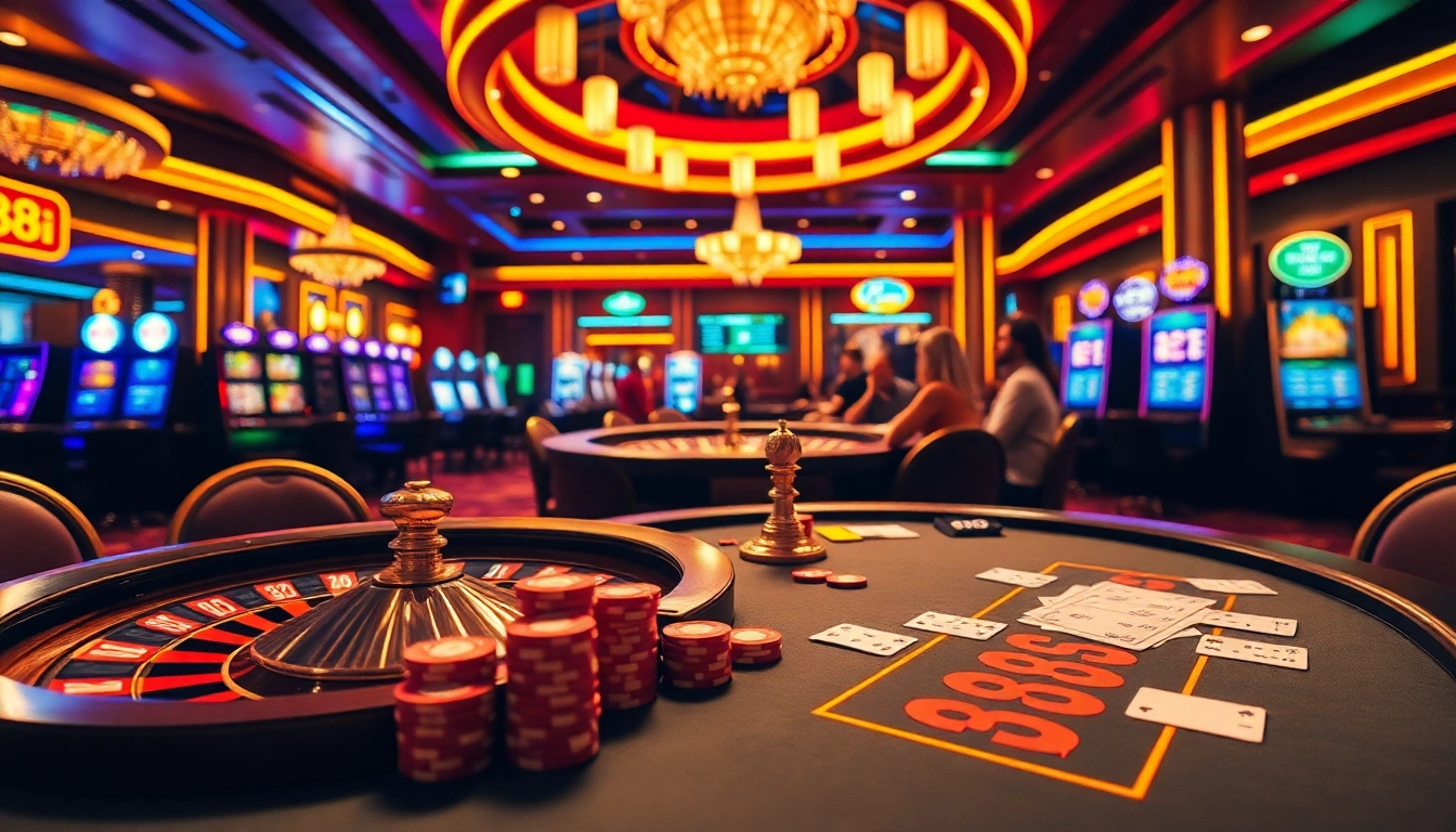 Casino table with players strategizing in a vibrant setting at 88i, featuring poker chips and roulette.